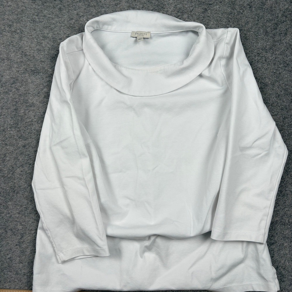 Talbots Cowl Neck Top Womens Small Petite White 3/4 Sleeve Casual Solid Cotton